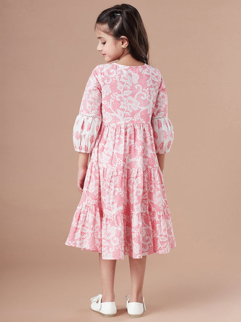 Girls Tiered Floral Print Tie-Up Neck A-Line Midi Cotton Dress